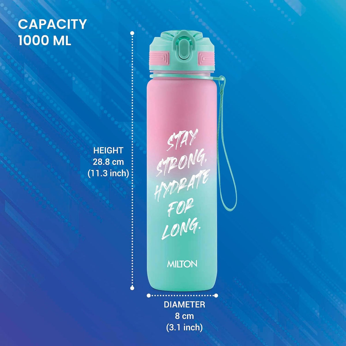 MILTON Gen'Z Water Bottle 1 ltr (Stay Strong), Motivational Water Bottles With Leak Proof Flip-Top Cap & Capacity Mark, Gym Bottle Sipper Water Bottle For Adults, Plastic, Pink
