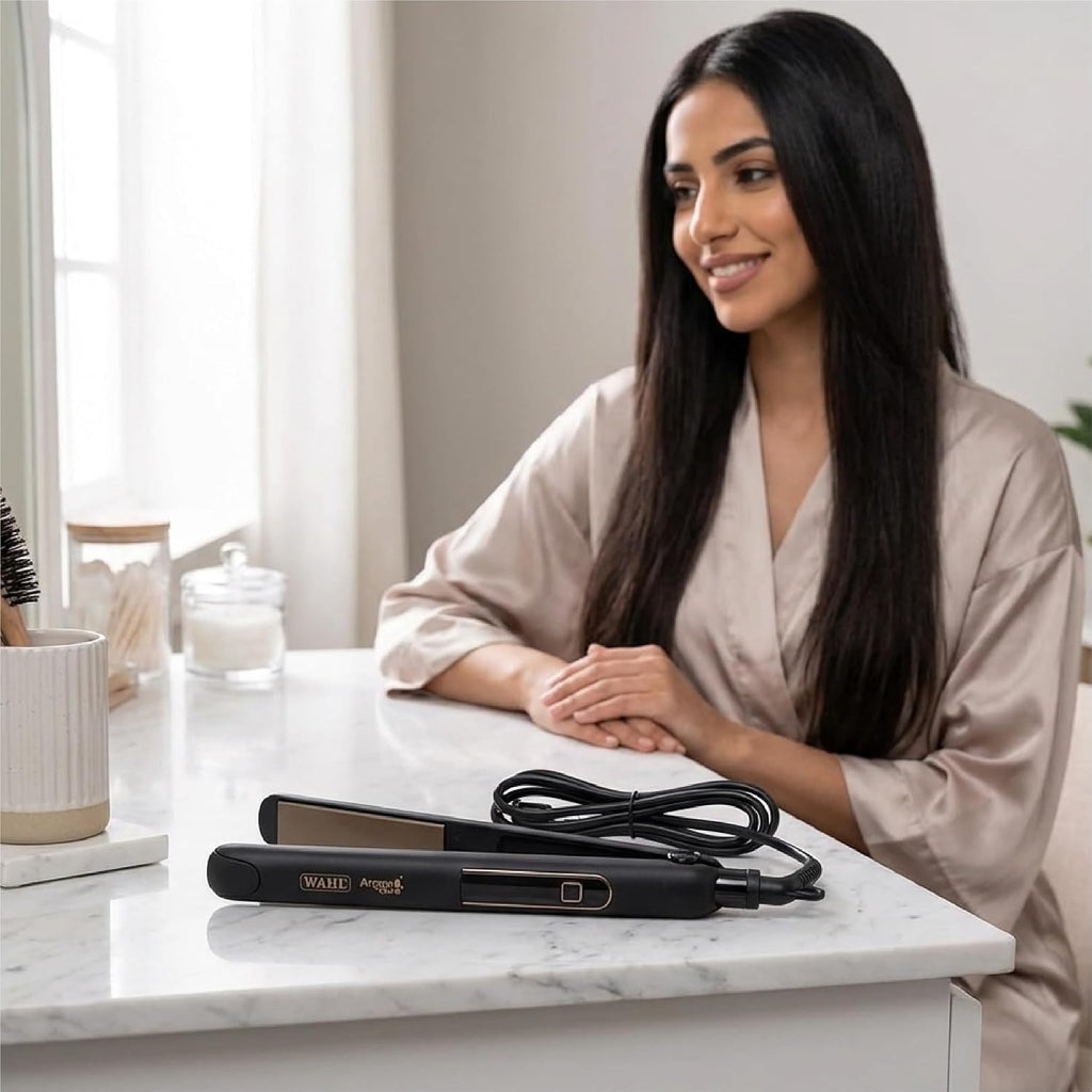 Wahl India WCHS6-1524 Argan Oil Infused Straightener; 3 Heat Settings- (180 ℃ – 200 ℃ – 220 ℃); Extra long Ceramic floating plate; LED temperature display, Black and Rose Gold