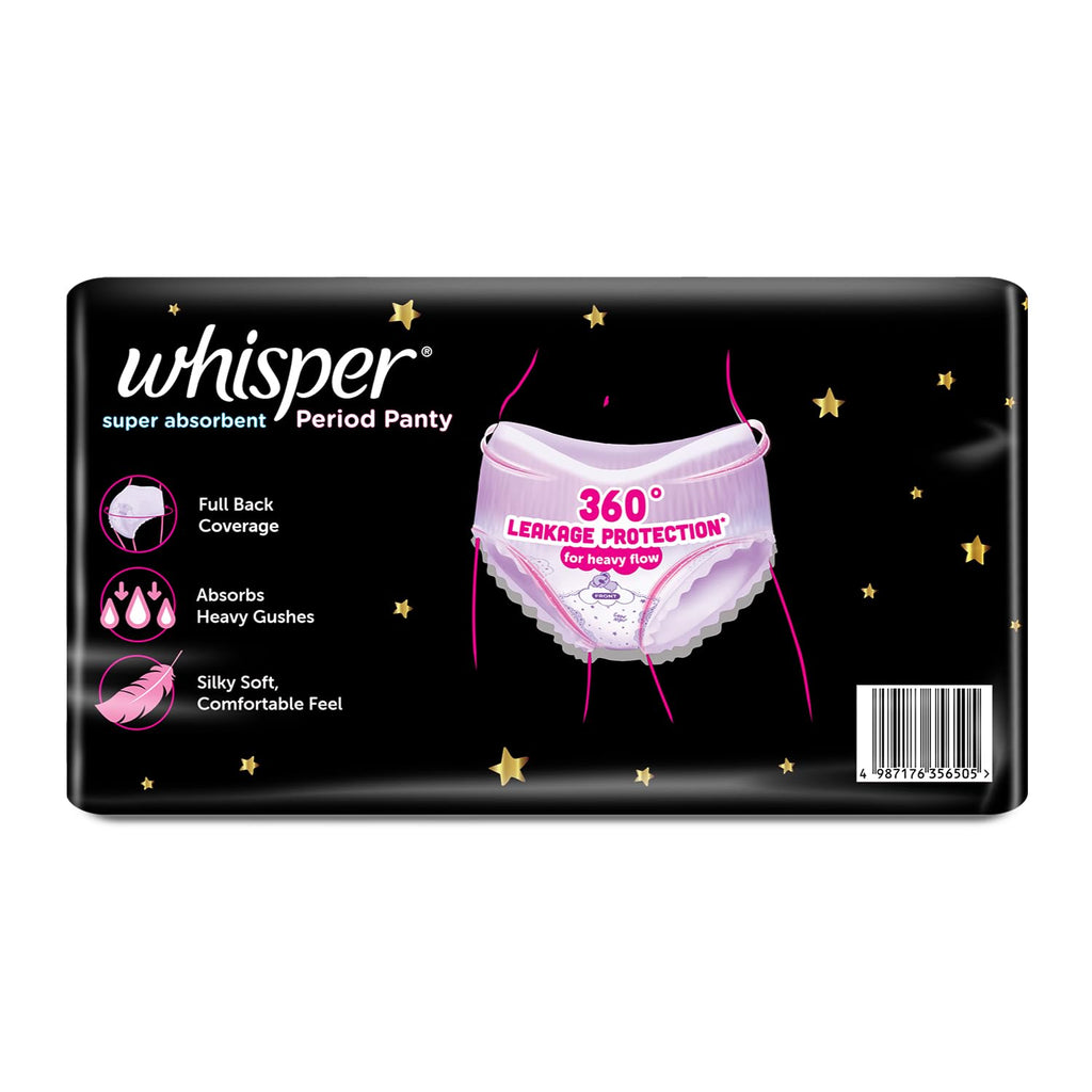 Whisper Super Absorbent Period Panty, 18 M-L Pants, 360 Degree Leakage Protection* for Heavy Flow, Panty like Fit, Full back Coverage, Absorbs Heavy Gushes, Silky Soft, Comfortable Feel