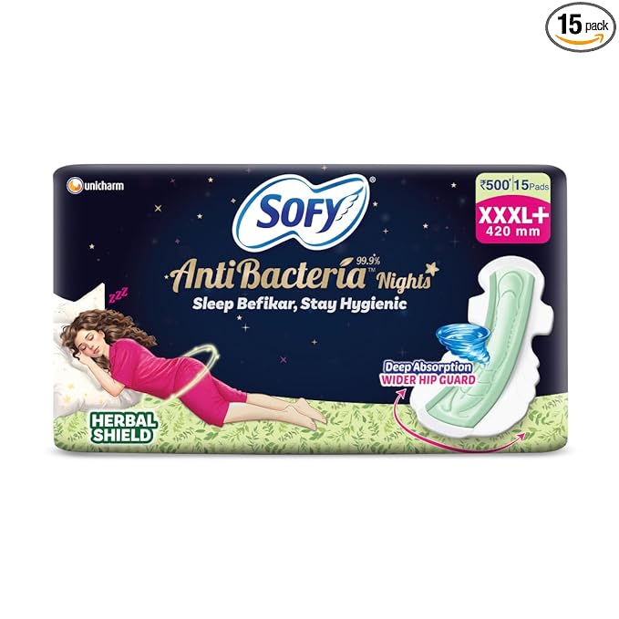 Sofy Women Anti Bacteria XXXL+ Sanitary Pads |Night Protection|Wider Hip Guard| Deep Absorption | Herbal Sheild | Hygiene & Herbs | XXXL+, Pack Of 15
