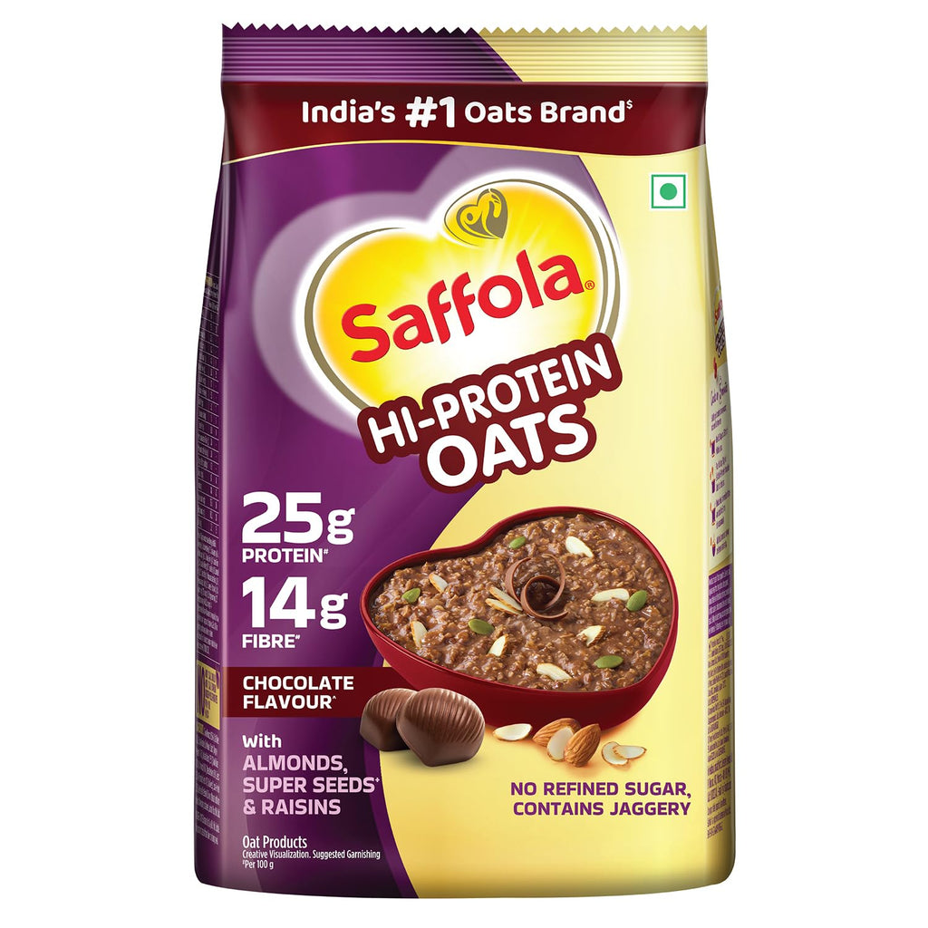 Saffola 25g High Protein Oats | 14g Fibre | 1kg | No Refined Sugar | With Almonds, Raisin, Pumpkin and Chia Seeds | Rolled Oats for Weight management & Muscle gain | Chocolate flavour