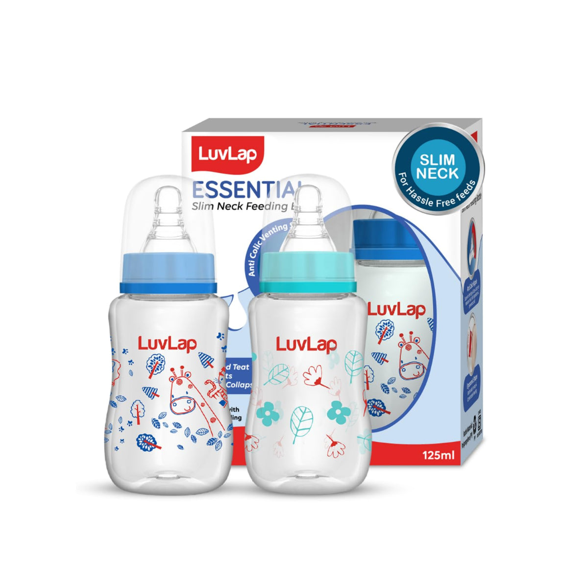 LuvLap Baby Essential Slim Neck Plastic Feeding Bottle, 125Ml, Flower & Jungle, with anti Colic Nipple, New Born / Infants / Toddler upto 3 years, BPA Free, Pack of 2, Blue Green
