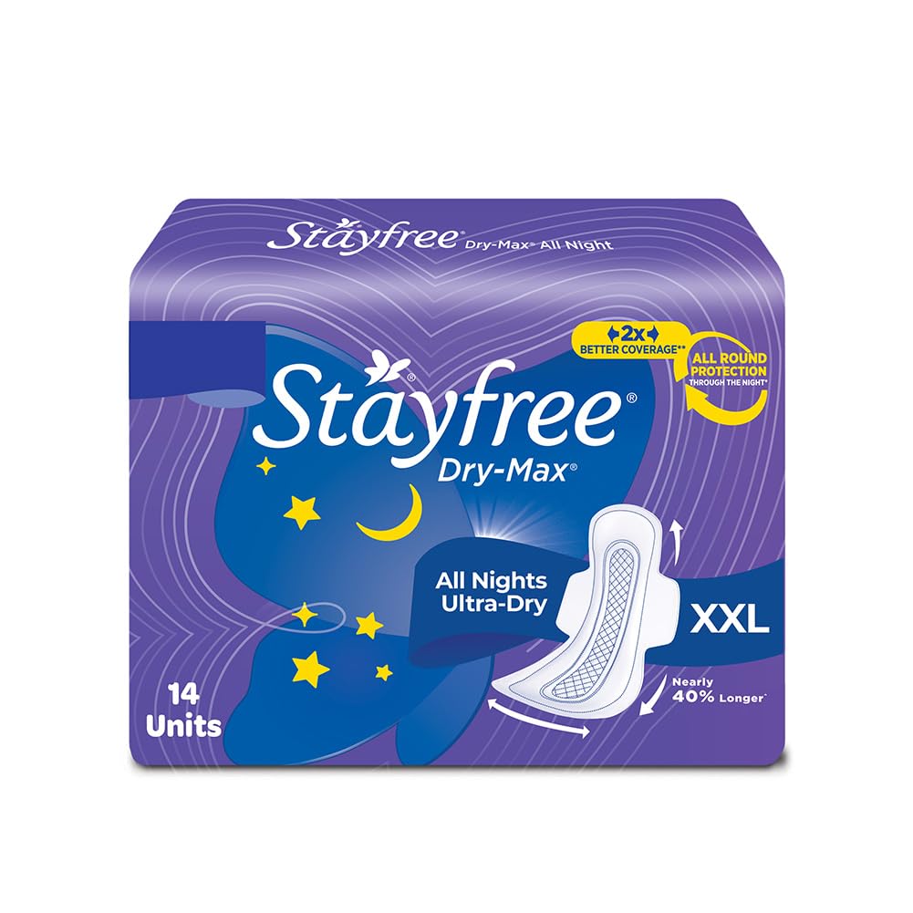 Stayfree Dry Max All Night XXL Sanitary Pads For Women | 14 Pads | Dry Cover | Provides Dry Feel for Up to 12 Hours | Super Lock Gel Pockets to Absorb Heavy Flow