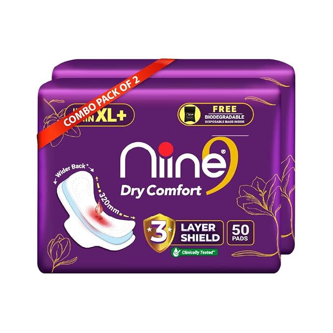 NIINE Dry Comfort Ultra Thin XL+ Sanitary Napkins for Heavy Flow (Pack of 2) 100 Pads with Free Biodegradable disposable bags