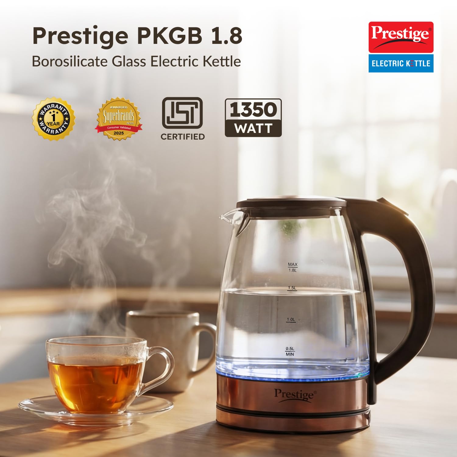 Prestige PKGB 1.8 Litre Electric Glass Kettle| LED Power Indicator| Borosilicate Glass| Automatic Power Cut-Off| Concealed Element| 360 Degree Swivel| Cool Touch Handle, 1350 Watts, Transparent