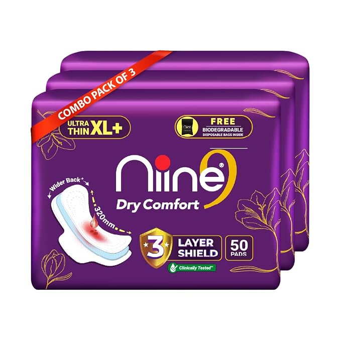 NIINE Dry Comfort Ultra Thin XL+ Sanitary Napkins for Heavy Flow (Pack of 3) 150 Pads