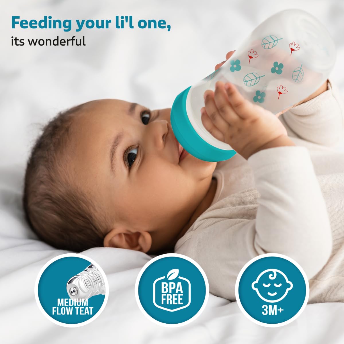 LuvLap Baby Essential Slim Neck Plastic Feeding Bottle, 125Ml, Flower & Jungle, with anti Colic Nipple, New Born / Infants / Toddler upto 3 years, BPA Free, Pack of 2, Blue Green