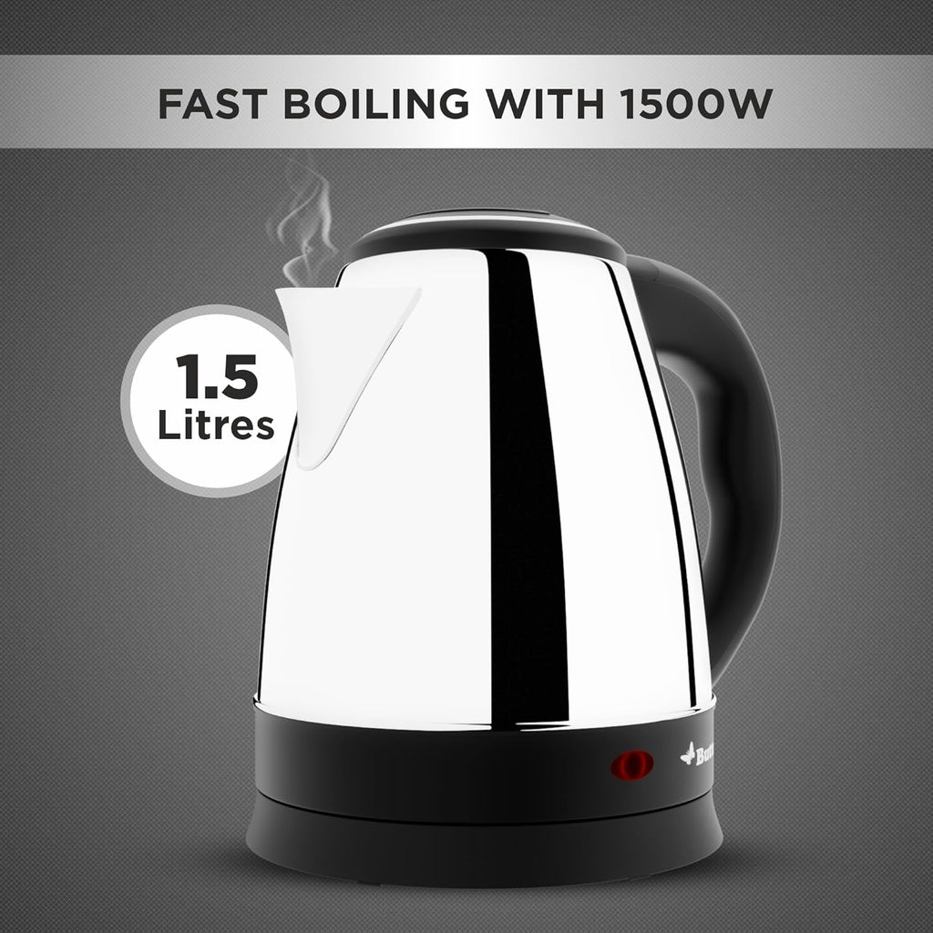 Butterfly EKN 1.5 Litre Stainless Steel Electric Kettle | 1500 W | 360� Swivel Power Base | Auto Shut Off | For Hot Water, Tea, Coffee, Noodles | Dry Boil Protection |