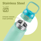 MILTON Reva 1000 ISI Certified Stainless Steel Water Bottle with Twin Lid Sip or Gulp, 1 Litre | Single Wall, BPA-Free, Leakproof | Sturdy Handle | Ideal for Home, Office, Gym & Travel, Aqua Green