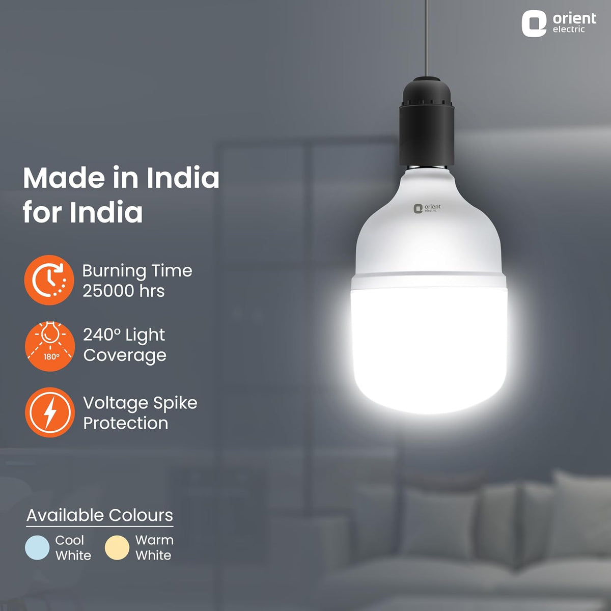 Orient Electric Eternal Shine LED Bulb | 60 Watts | 12 Months Warranty | Cool White, Pack of 1 | 25000 Hours + 180 degree coverage