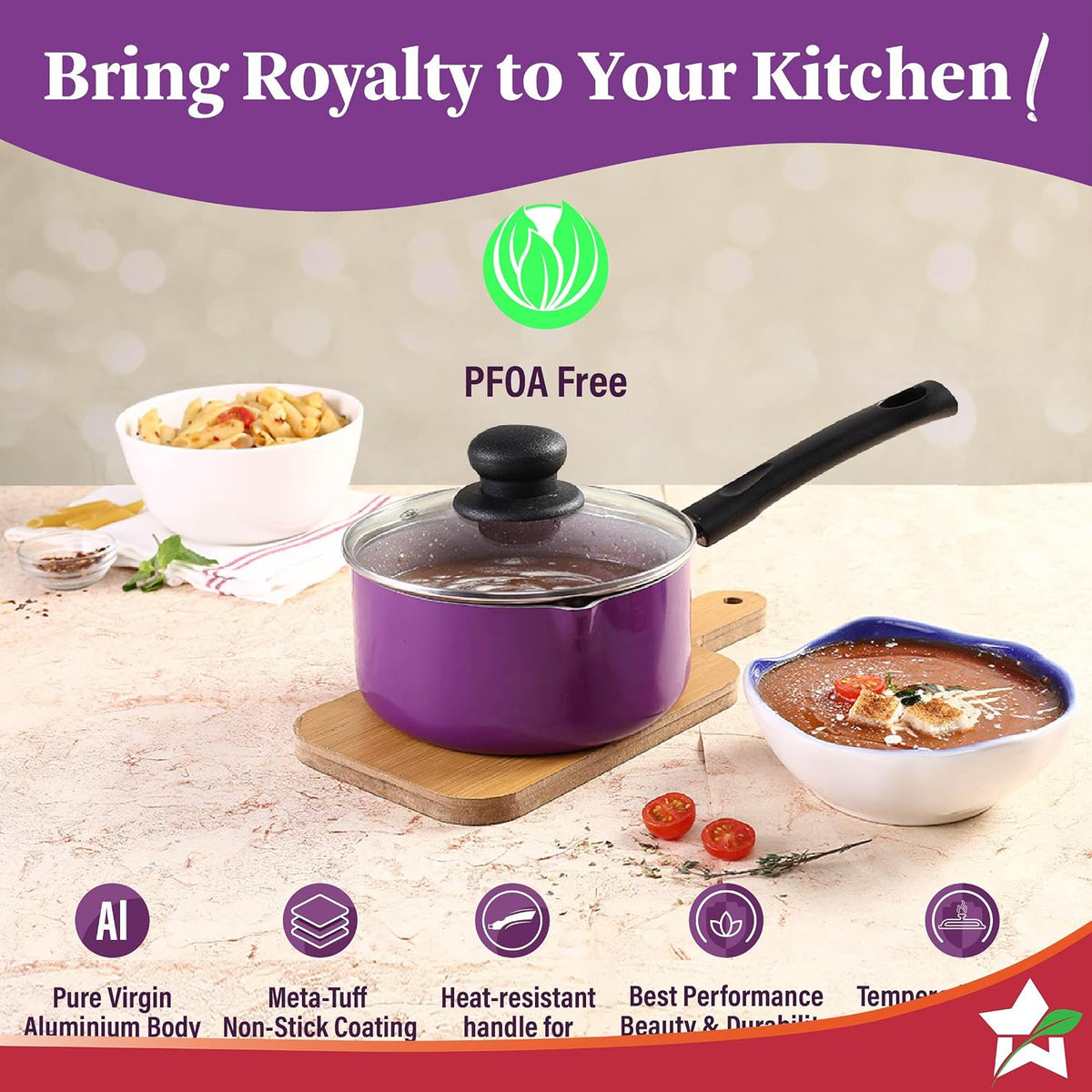 Wonderchef Valencia Non-Stick Sauce Pan with Glass Lid | Cool Touch Bakelite Handle | Pure Grade Aluminium| Tempered Glass Lid | 1.5 litres | 2.5 mm Thickness | 2 Year Warranty | Purple