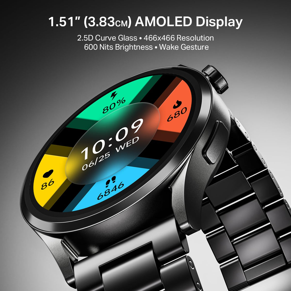 boAt Chrome Horizon, Premium Metal Body, Video Watch Faces, 1.51”(3.83cm) AMOLED Round Display, HRV & VO2 Max, Auto-Activity Detection, ASAP Charge, HRV Smartwatch for Men & Women (Steel Black)