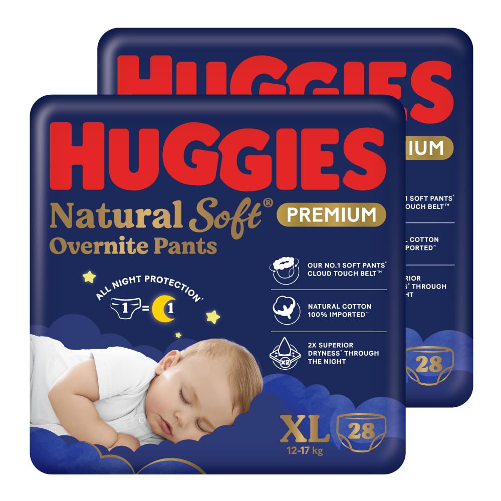 Huggies Natural Soft Overnite Diaper Pants| Premium Pant Style Baby Diapers Medium Size (XL Size | 12-17 Kgs), 28 count| Keeps baby dry all night with cloud softness all over (Pack of 2)