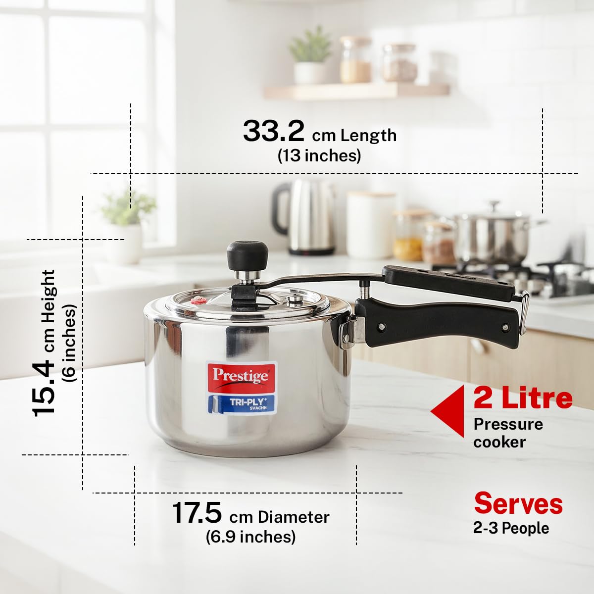 Prestige 2 Litre Triply Svachh Pressure Innerlid Pressure Cooker|Deep lid for spillage control|Gas & Induction Compatible|Triply body for even heating|Low Cooking oil|5Y warranty|ISI Certified