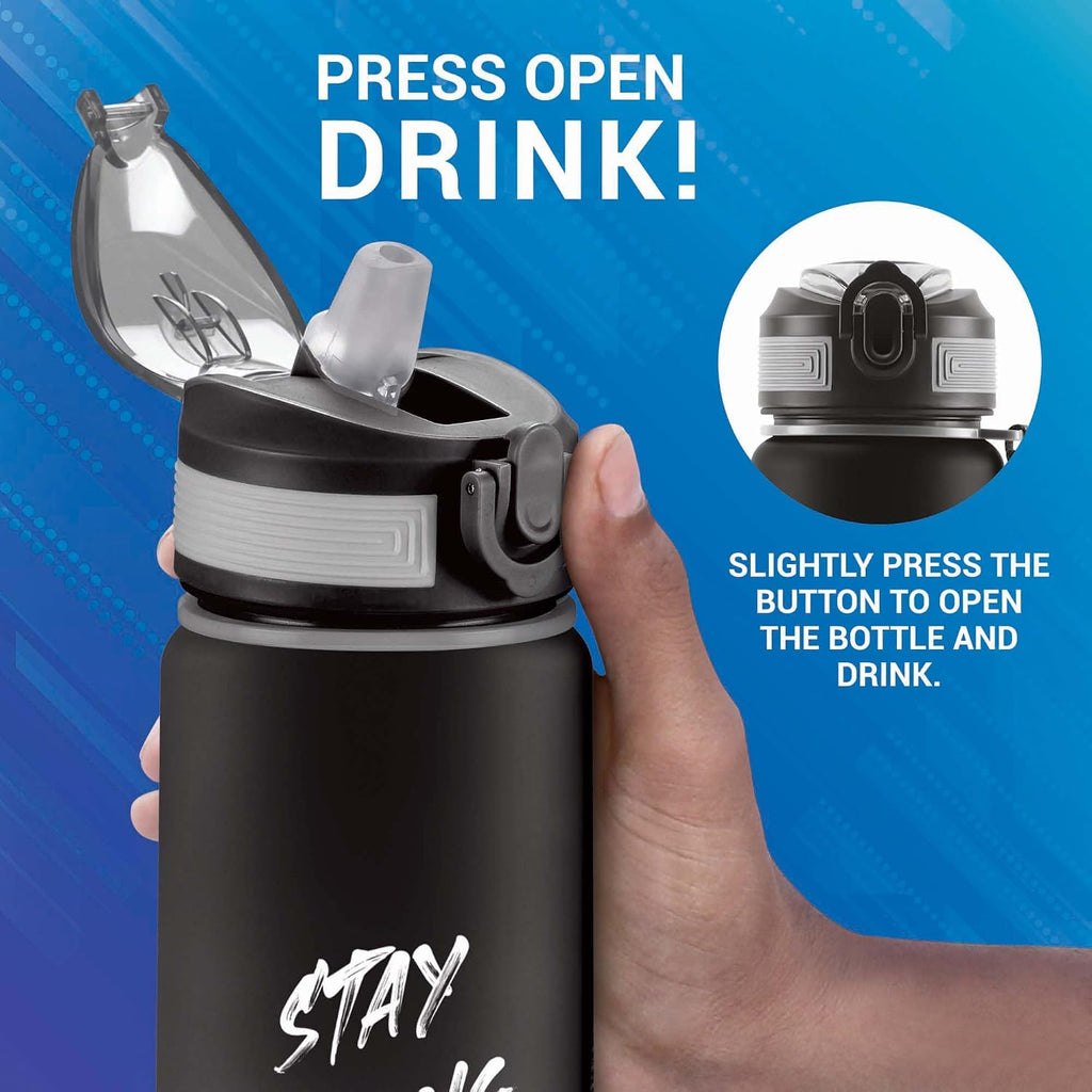 MILTON Plastic Gen'Z 1000 Motivational Sipper Water Bottle(Never Give Up) For Adults,Kids,BPA-Free,Leak-Proof,Flip-Top Cap,One-Hand Locking Lid,Easy-To-Carry Strap,Set Of 2,1000 Ml Each,Black