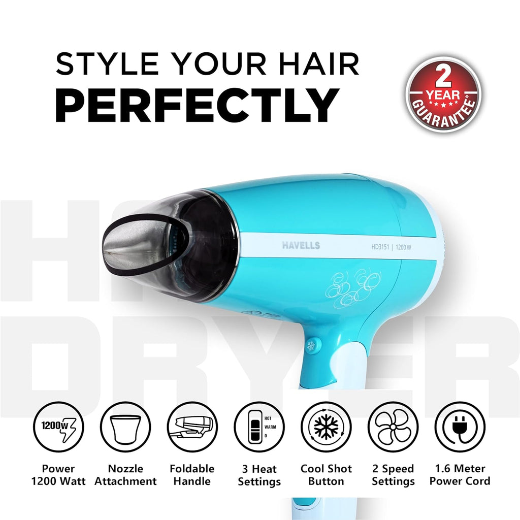 Havells HD3151 1200 W Foldable Hair Dryer; 3 Heat (Hot/Cool/Warm) Settings Including Cool Shot Button; Heat Balance Technology, Turquoise