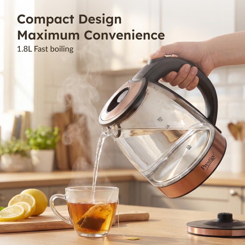 Prestige PKGB 1.8 Litre Electric Glass Kettle| LED Power Indicator| Borosilicate Glass| Automatic Power Cut-Off| Concealed Element| 360 Degree Swivel| Cool Touch Handle, 1350 Watts, Transparent