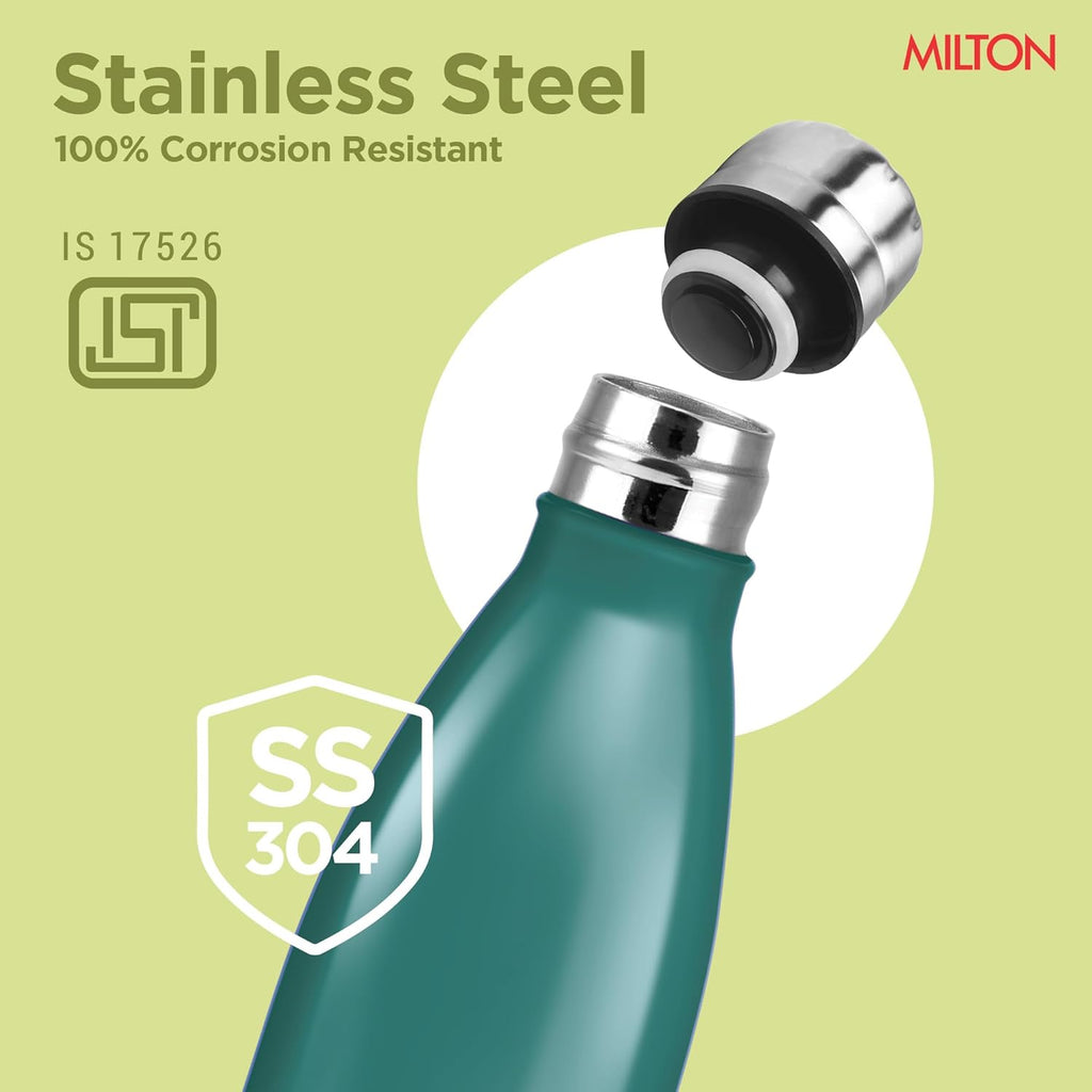 Milton Duo DLX 1000 Thermosteel Bottle, 1000 ml Water Bottles, 24 Hours Hot and Cold, Easy to Carry, Easy Grip, Rust Proof, Tea, Coffee, Office, Travel Bottle, Matt Green
