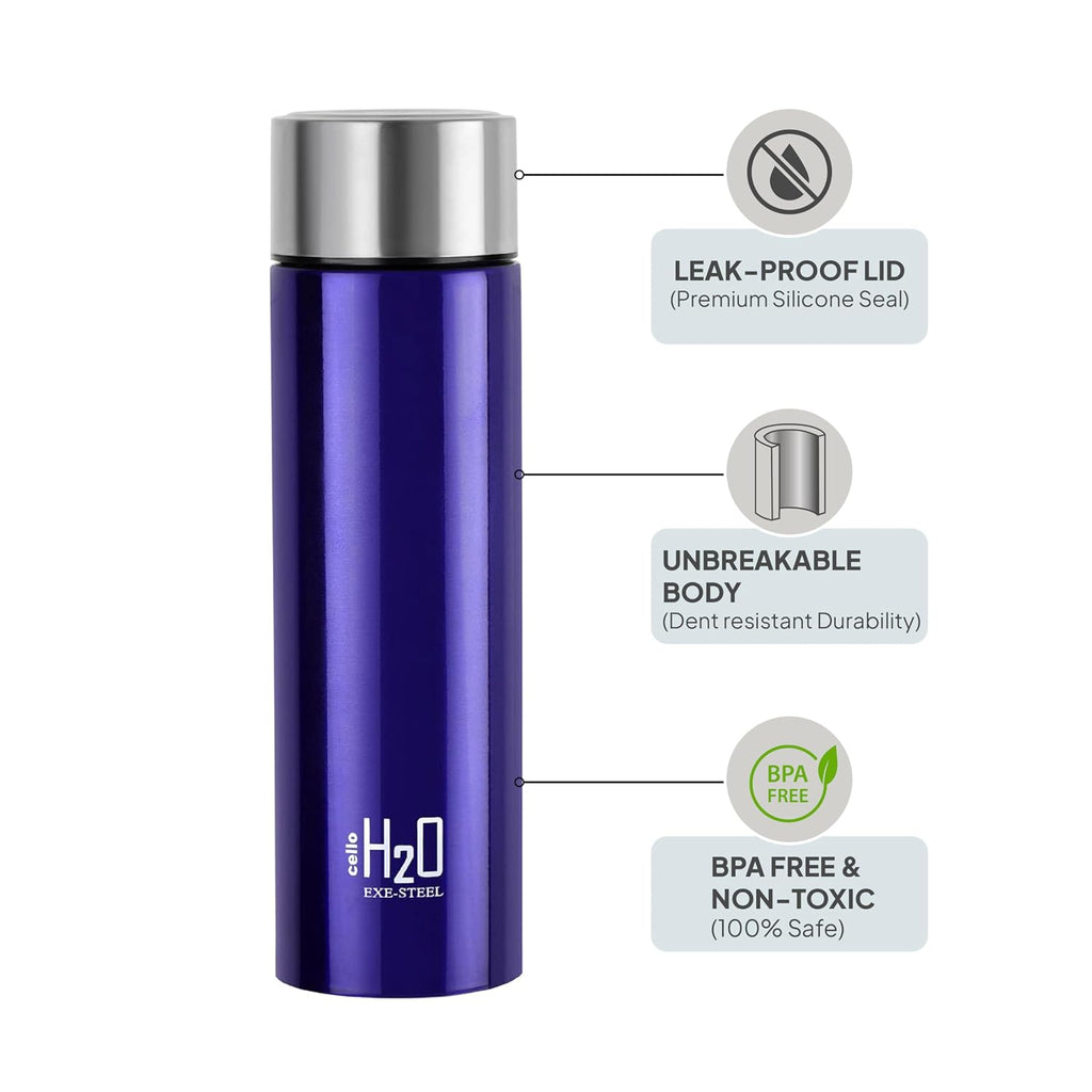 CELLO H2O Stainless Steel Water Bottle For Office & Daily Use 1000 ml, Purple | Single Wall Freezer & Fridge Safe, Lightweight & Stylish Leakproof Rustproof Steel Water Bottle For School, Gym & Travel