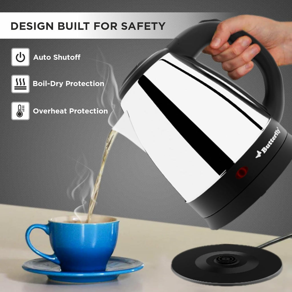 Butterfly EKN 1.5 Litre Stainless Steel Electric Kettle | 1500 W | 360� Swivel Power Base | Auto Shut Off | For Hot Water, Tea, Coffee, Noodles | Dry Boil Protection |