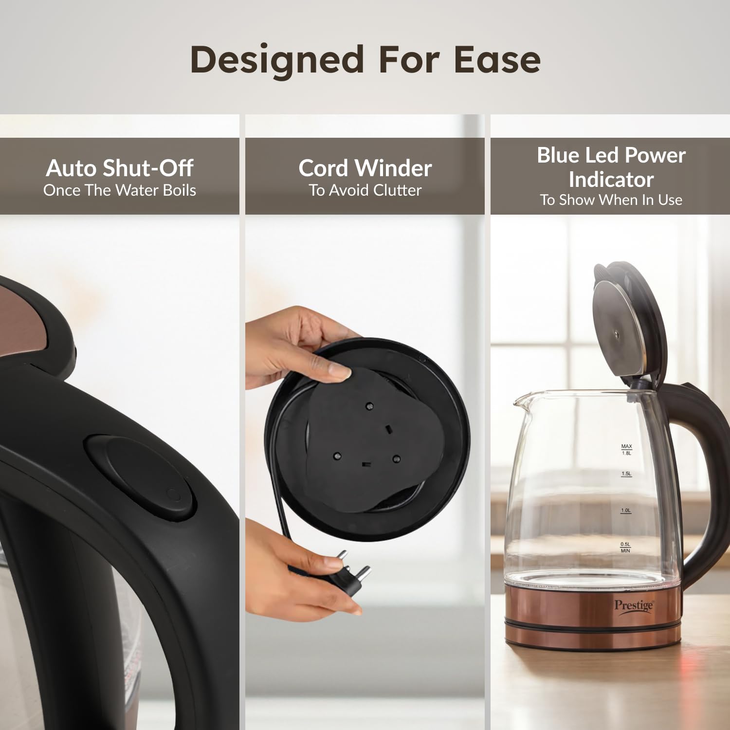 Prestige PKGB 1.8 Litre Electric Glass Kettle| LED Power Indicator| Borosilicate Glass| Automatic Power Cut-Off| Concealed Element| 360 Degree Swivel| Cool Touch Handle, 1350 Watts, Transparent