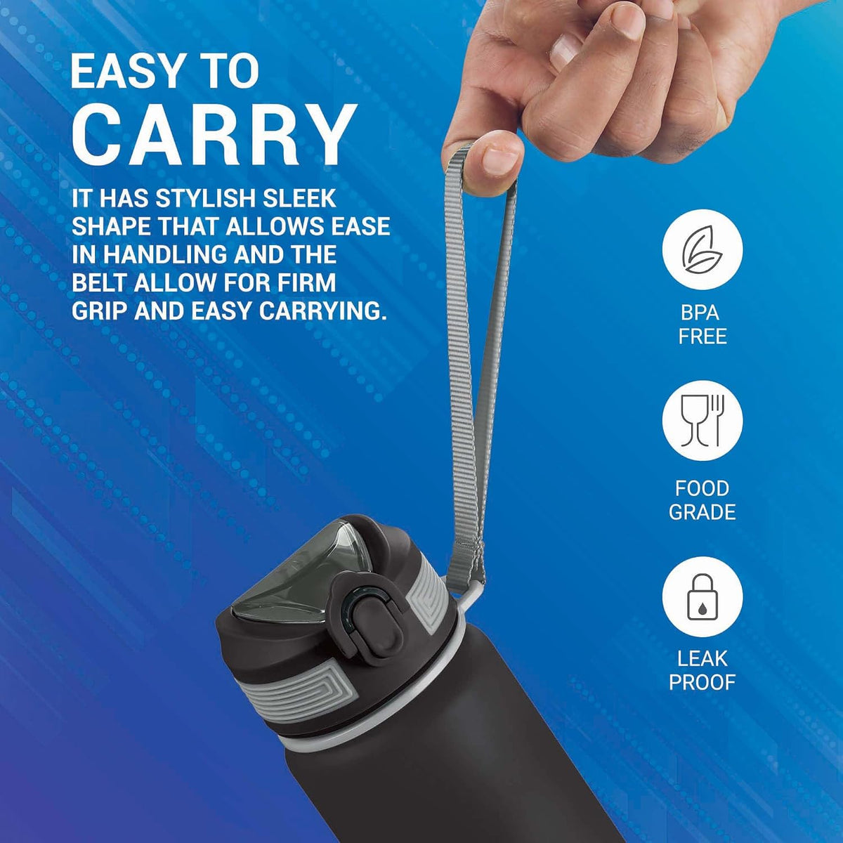 MILTON Plastic Gen'Z 1000 Motivational Sipper Water Bottle(Never Give Up) For Adults,Kids,BPA-Free,Leak-Proof,Flip-Top Cap,One-Hand Locking Lid,Easy-To-Carry Strap,Set Of 2,1000 Ml Each,Black