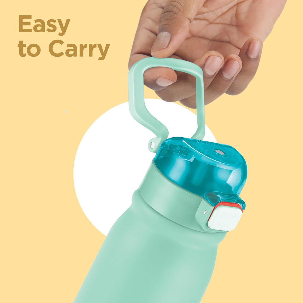 MILTON Reva 1000 ISI Certified Stainless Steel Water Bottle with Twin Lid Sip or Gulp, 1 Litre | Single Wall, BPA-Free, Leakproof | Sturdy Handle | Ideal for Home, Office, Gym & Travel, Aqua Green