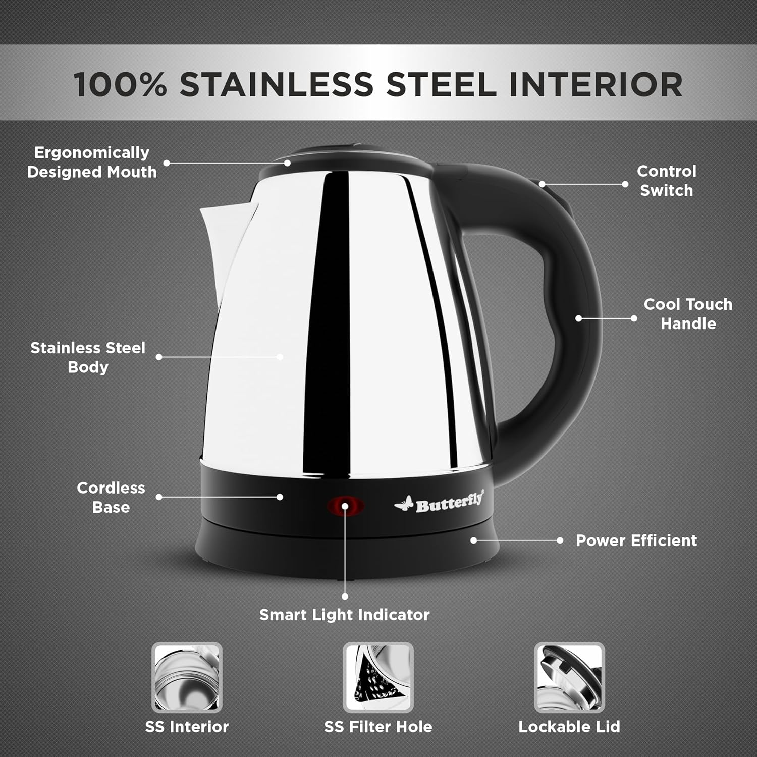 Butterfly EKN 1.5 Litre Stainless Steel Electric Kettle | 1500 W | 360� Swivel Power Base | Auto Shut Off | For Hot Water, Tea, Coffee, Noodles | Dry Boil Protection |