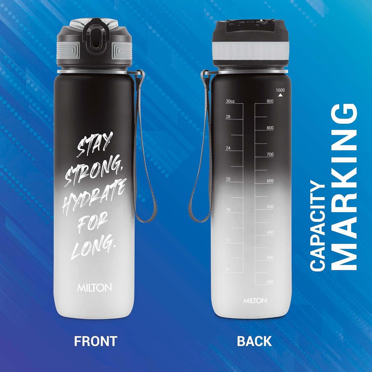 MILTON Plastic Gen'Z 1000 Motivational Sipper Water Bottle(Never Give Up) For Adults,Kids,BPA-Free,Leak-Proof,Flip-Top Cap,One-Hand Locking Lid,Easy-To-Carry Strap,Set Of 2,1000 Ml Each,Black