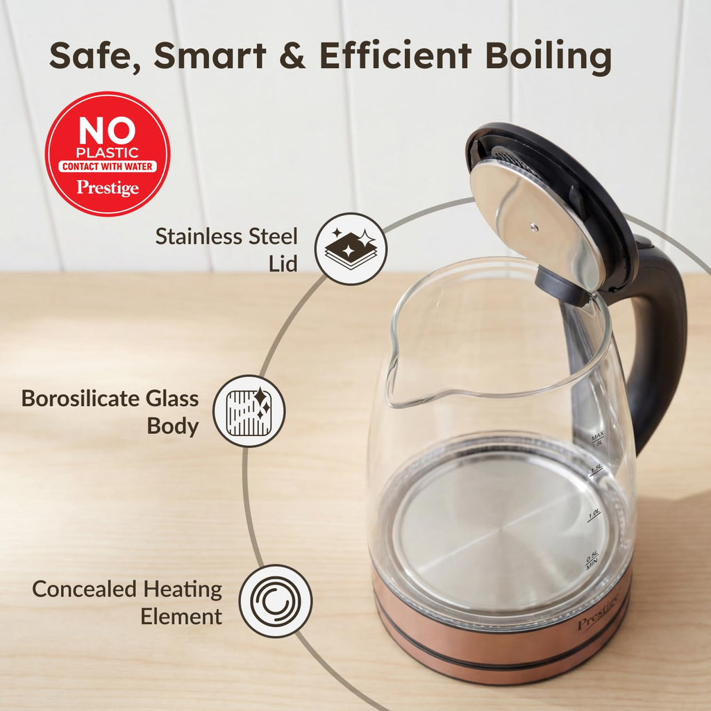 Prestige PKGB 1.8 Litre Electric Glass Kettle| LED Power Indicator| Borosilicate Glass| Automatic Power Cut-Off| Concealed Element| 360 Degree Swivel| Cool Touch Handle, 1350 Watts, Transparent