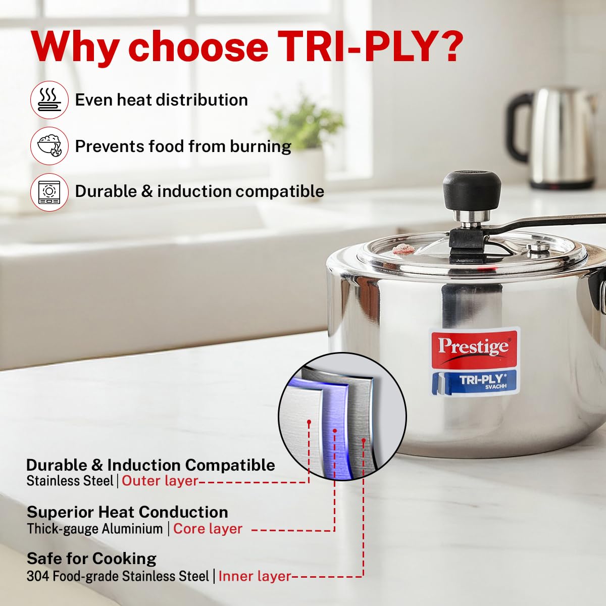 Prestige 2 Litre Triply Svachh Pressure Innerlid Pressure Cooker|Deep lid for spillage control|Gas & Induction Compatible|Triply body for even heating|Low Cooking oil|5Y warranty|ISI Certified