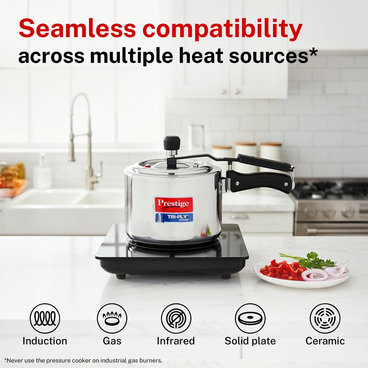 Prestige 2 Litre Triply Svachh Pressure Innerlid Pressure Cooker|Deep lid for spillage control|Gas & Induction Compatible|Triply body for even heating|Low Cooking oil|5Y warranty|ISI Certified
