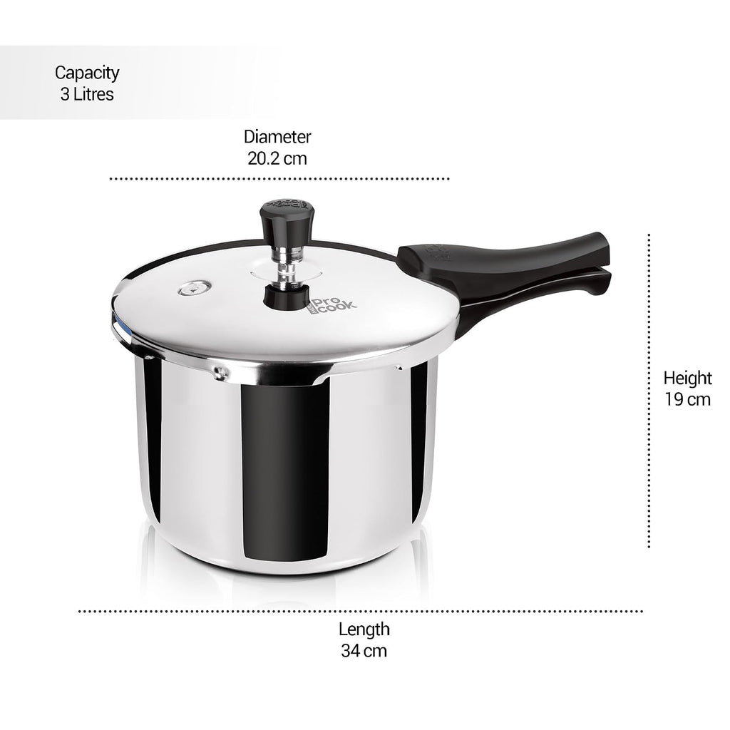 Milton Procook Triply Pressure Cooker Stainless Steel with Outer Lid, 3 Litres, Induction and Gas Stove Compatible, Gasket Release System, 5 Years Warranty, ISI Certified, Silver