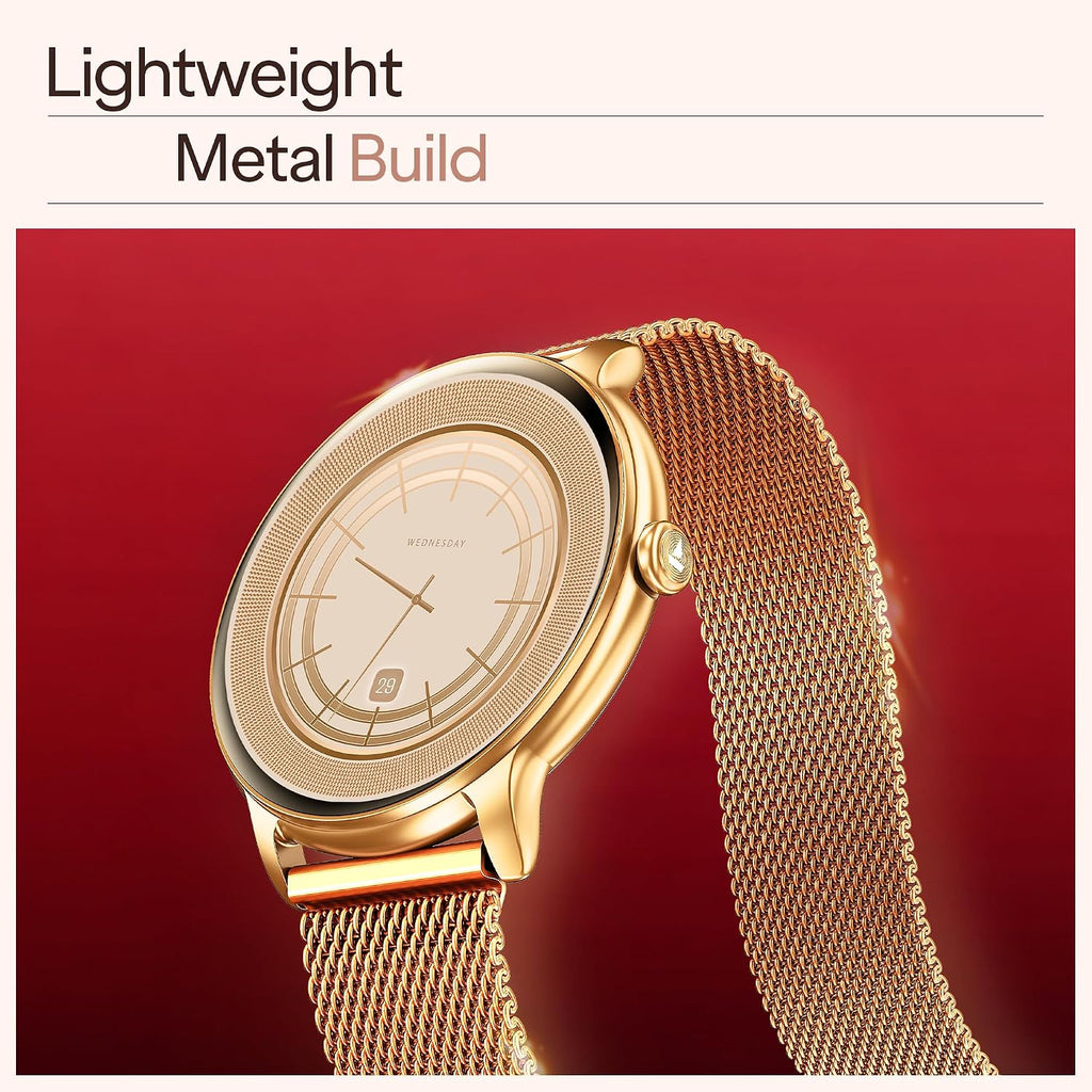 boAt Chrome Iris Fashion Smart Watch for Women - Elegant Ultra-Sleek Dial, Light-Weight Metal Body, 1.32" AMOLED Display, 1000 Nits, AOD, Female Wellness Tracking Watch for Woman (Metal Gold)