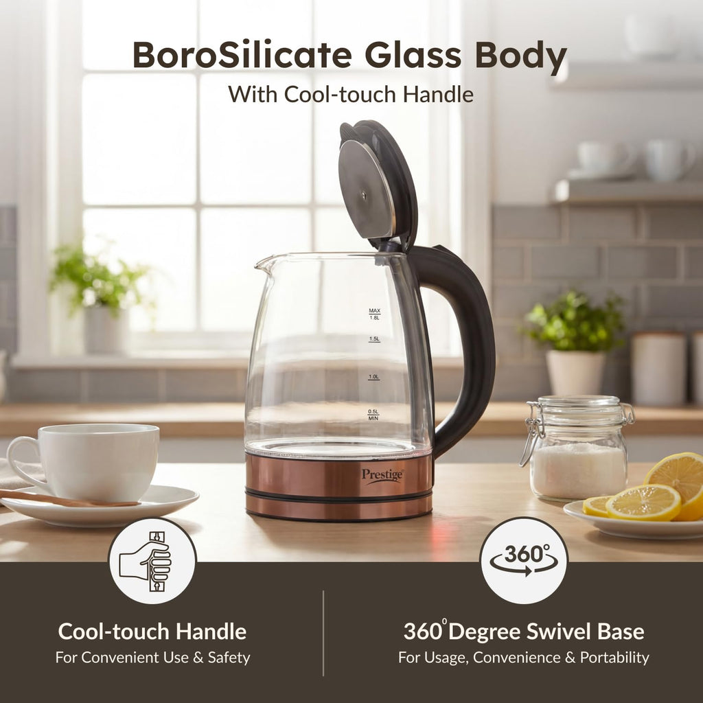 Prestige PKGB 1.8 Litre Electric Glass Kettle| LED Power Indicator| Borosilicate Glass| Automatic Power Cut-Off| Concealed Element| 360 Degree Swivel| Cool Touch Handle, 1350 Watts, Transparent