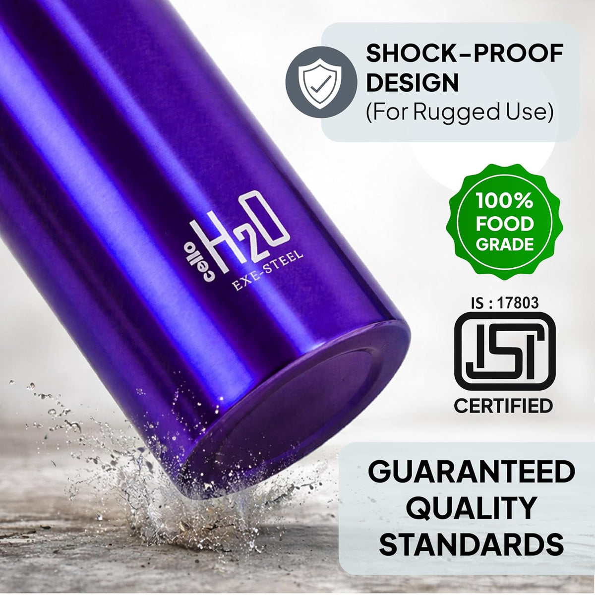 CELLO H2O Stainless Steel Water Bottle For Office & Daily Use 1000 ml, Purple | Single Wall Freezer & Fridge Safe, Lightweight & Stylish Leakproof Rustproof Steel Water Bottle For School, Gym & Travel