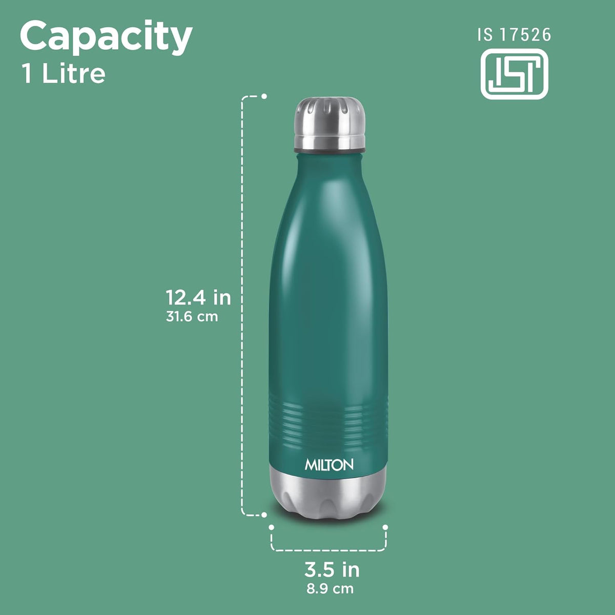Milton Duo DLX 1000 Thermosteel Bottle, 1000 ml Water Bottles, 24 Hours Hot and Cold, Easy to Carry, Easy Grip, Rust Proof, Tea, Coffee, Office, Travel Bottle, Matt Green