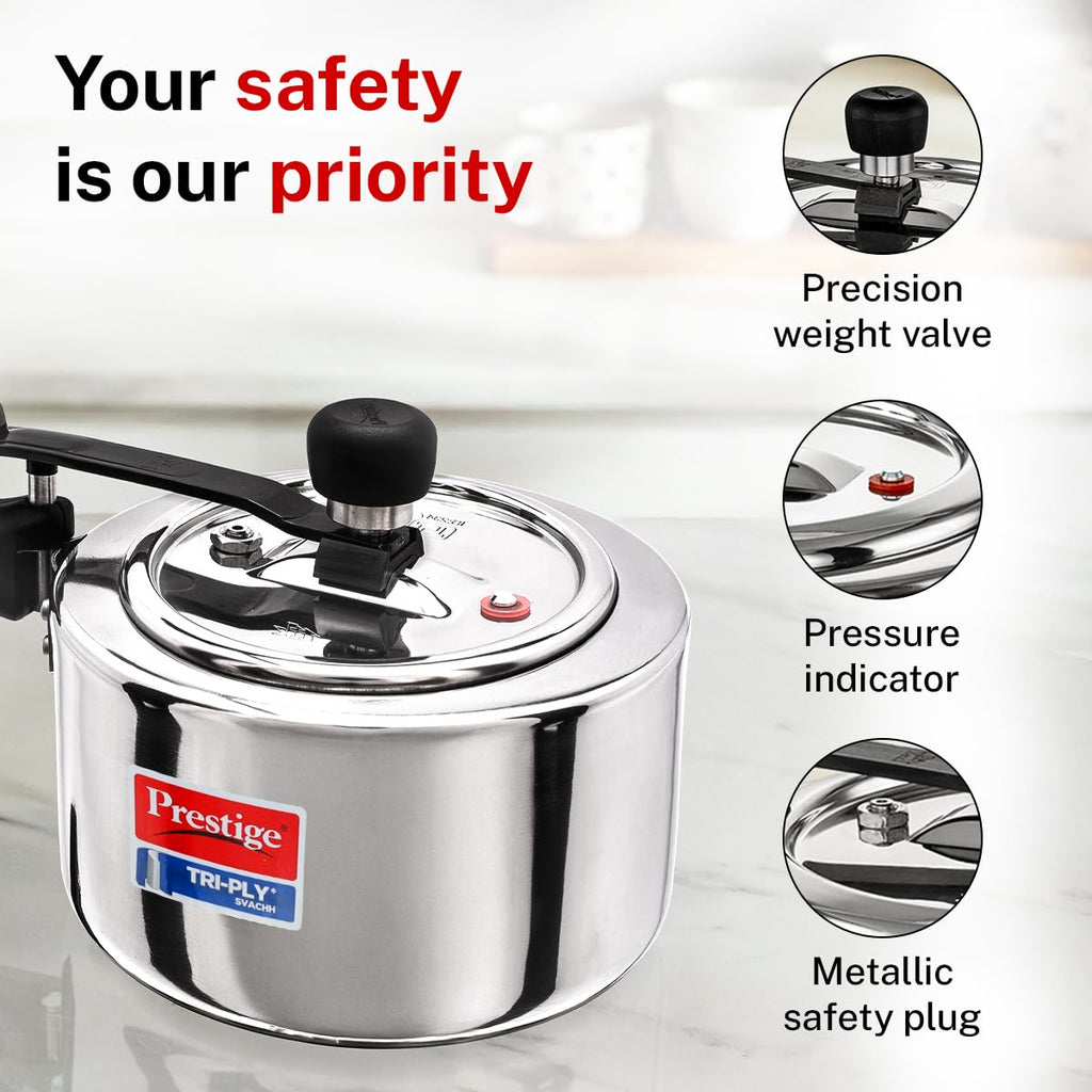 Prestige 2 Litre Triply Svachh Pressure Innerlid Pressure Cooker|Deep lid for spillage control|Gas & Induction Compatible|Triply body for even heating|Low Cooking oil|5Y warranty|ISI Certified