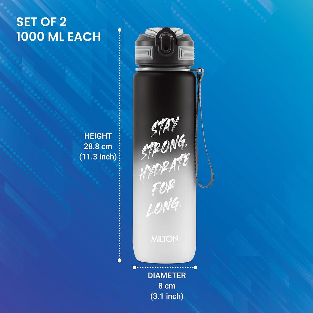 MILTON Plastic Gen'Z 1000 Motivational Sipper Water Bottle(Never Give Up) For Adults,Kids,BPA-Free,Leak-Proof,Flip-Top Cap,One-Hand Locking Lid,Easy-To-Carry Strap,Set Of 2,1000 Ml Each,Black