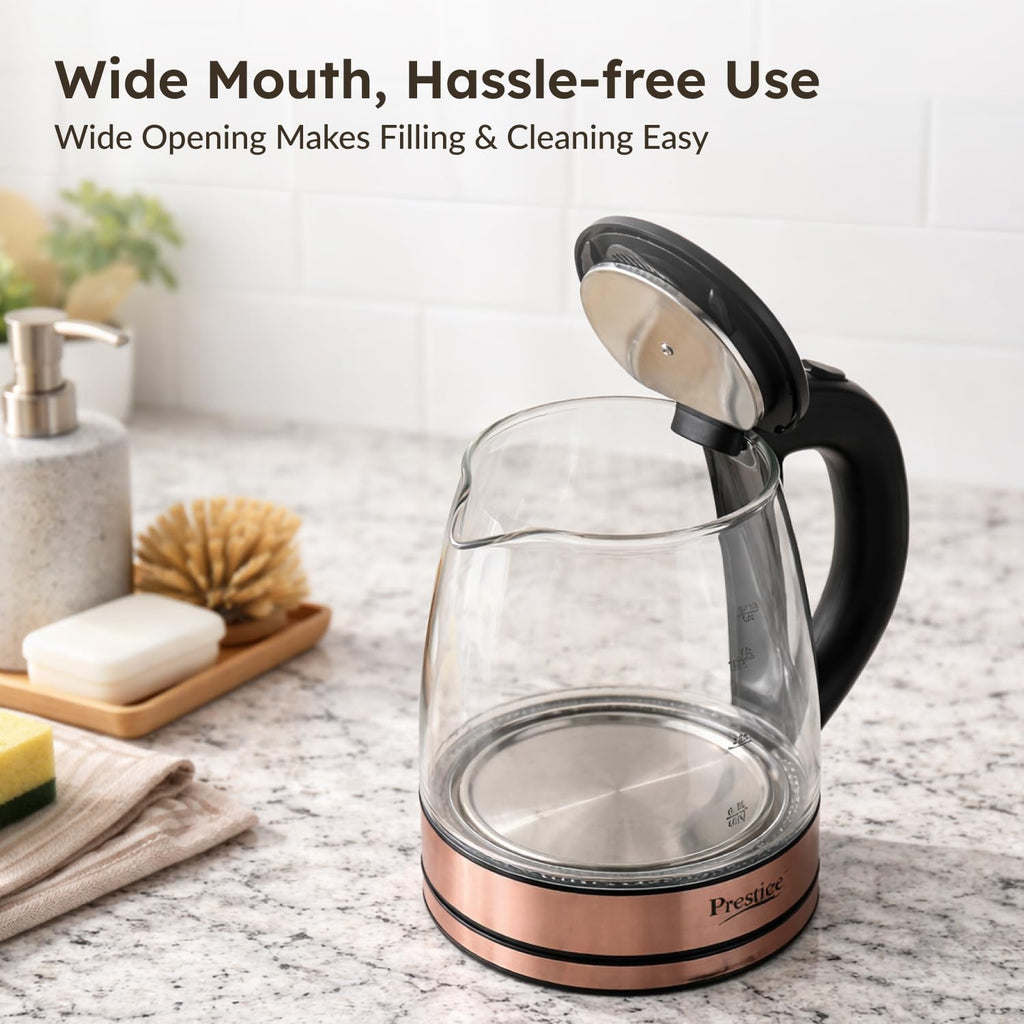 Prestige PKGB 1.8 Litre Electric Glass Kettle| LED Power Indicator| Borosilicate Glass| Automatic Power Cut-Off| Concealed Element| 360 Degree Swivel| Cool Touch Handle, 1350 Watts, Transparent