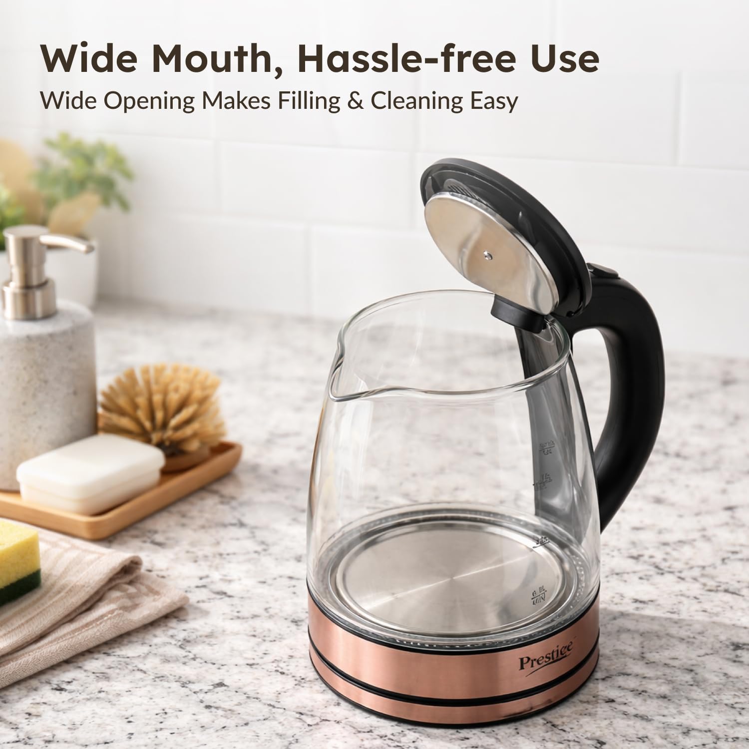 Prestige PKGB 1.8 Litre Electric Glass Kettle| LED Power Indicator| Borosilicate Glass| Automatic Power Cut-Off| Concealed Element| 360 Degree Swivel| Cool Touch Handle, 1350 Watts, Transparent
