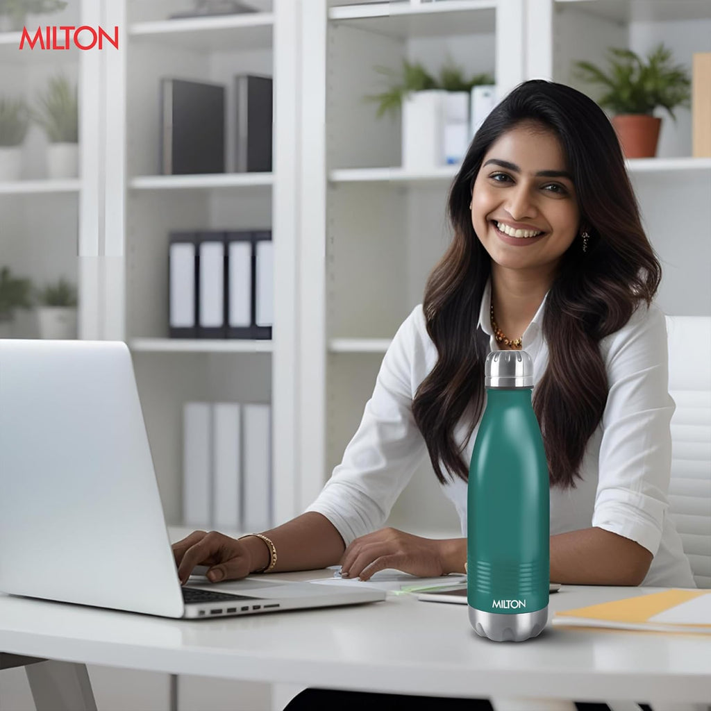 Milton Duo DLX 1000 Thermosteel Bottle, 1000 ml Water Bottles, 24 Hours Hot and Cold, Easy to Carry, Easy Grip, Rust Proof, Tea, Coffee, Office, Travel Bottle, Matt Green