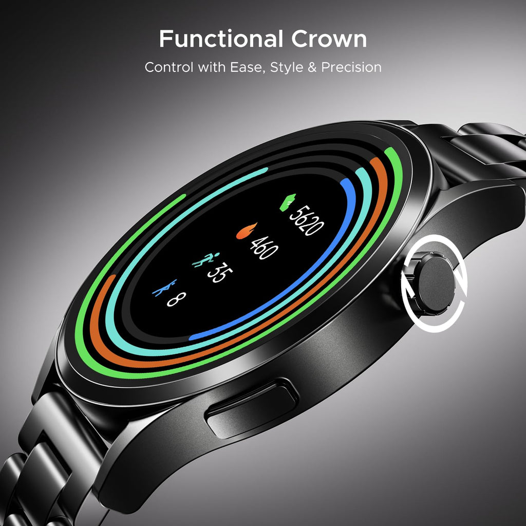 boAt Chrome Horizon, Premium Metal Body, Video Watch Faces, 1.51”(3.83cm) AMOLED Round Display, HRV & VO2 Max, Auto-Activity Detection, ASAP Charge, HRV Smartwatch for Men & Women (Steel Black)