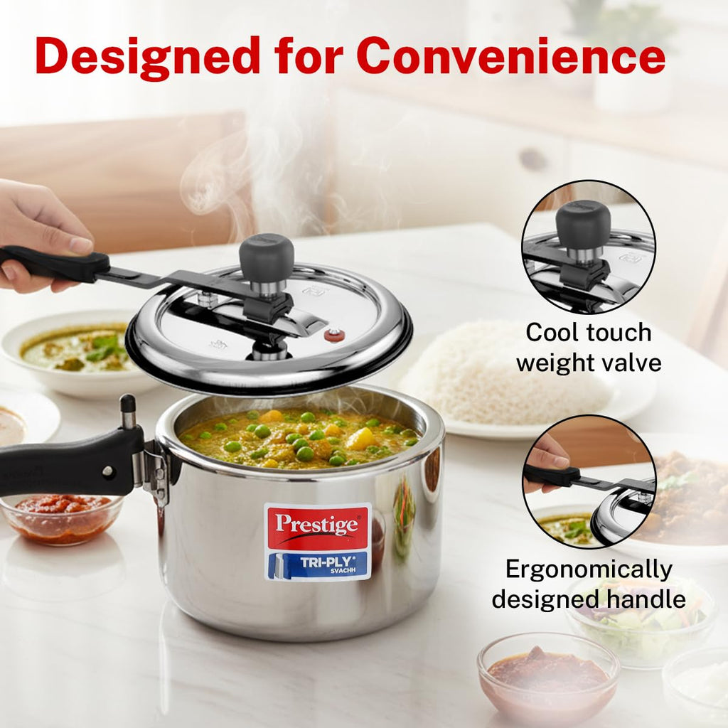 Prestige 2 Litre Triply Svachh Pressure Innerlid Pressure Cooker|Deep lid for spillage control|Gas & Induction Compatible|Triply body for even heating|Low Cooking oil|5Y warranty|ISI Certified