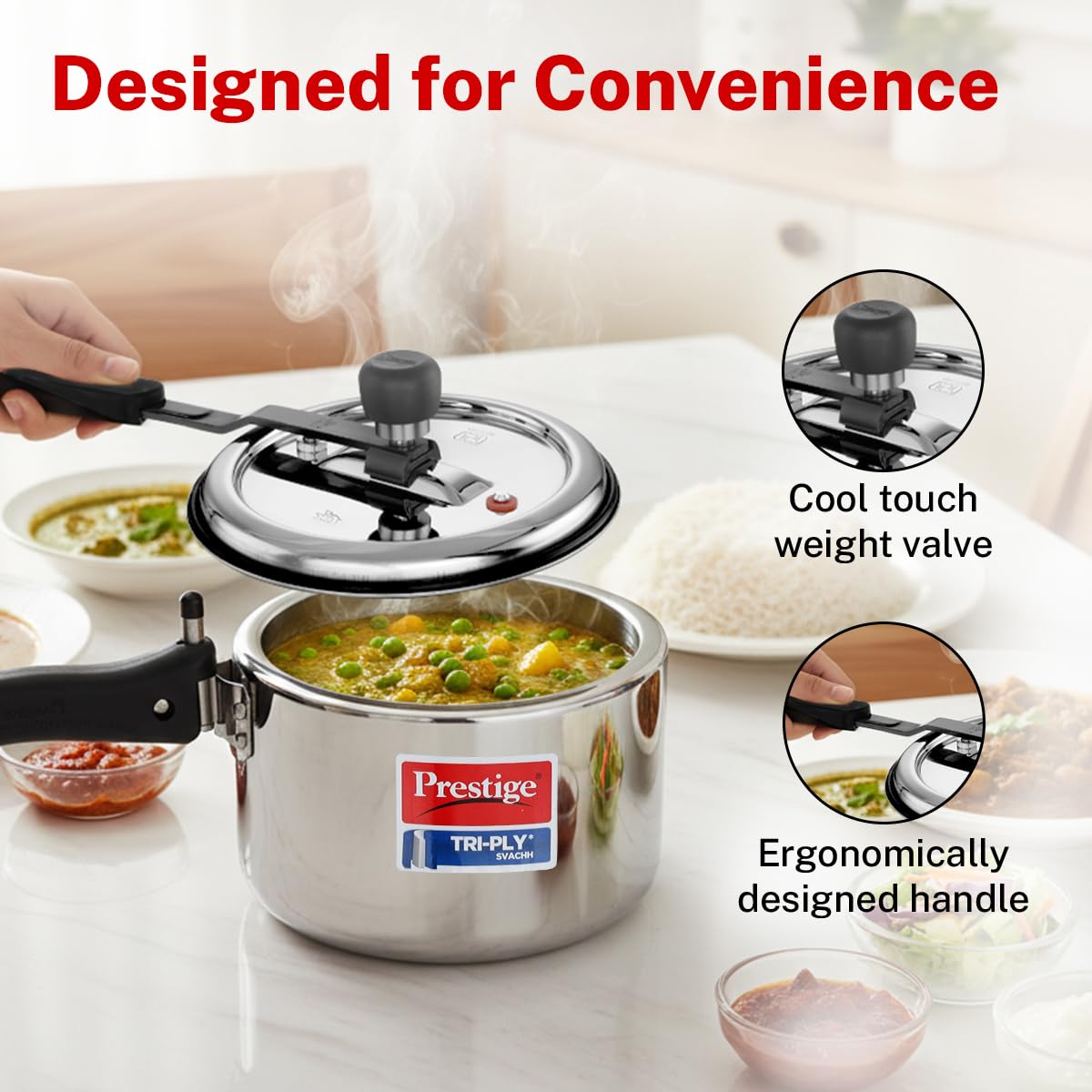 Prestige 2 Litre Triply Svachh Pressure Innerlid Pressure Cooker|Deep lid for spillage control|Gas & Induction Compatible|Triply body for even heating|Low Cooking oil|5Y warranty|ISI Certified