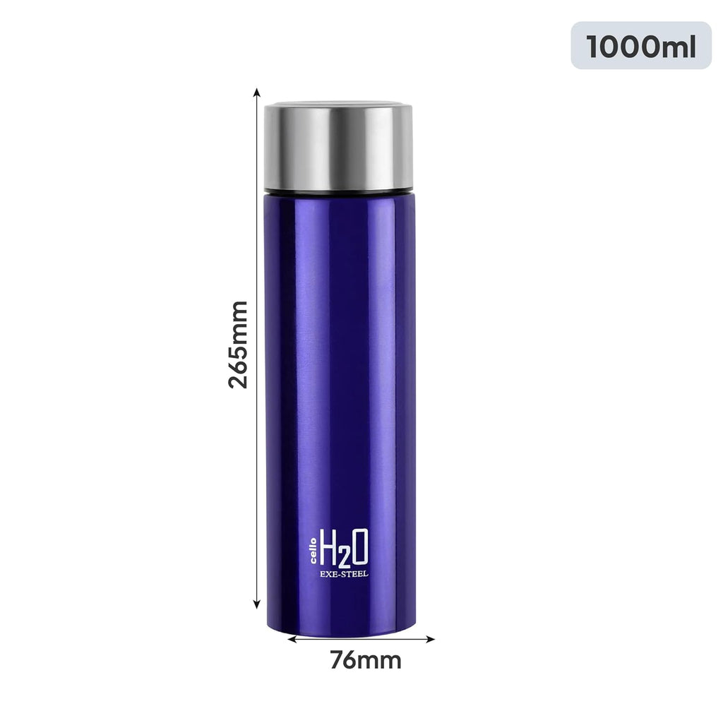 CELLO H2O Stainless Steel Water Bottle For Office & Daily Use 1000 ml, Purple | Single Wall Freezer & Fridge Safe, Lightweight & Stylish Leakproof Rustproof Steel Water Bottle For School, Gym & Travel