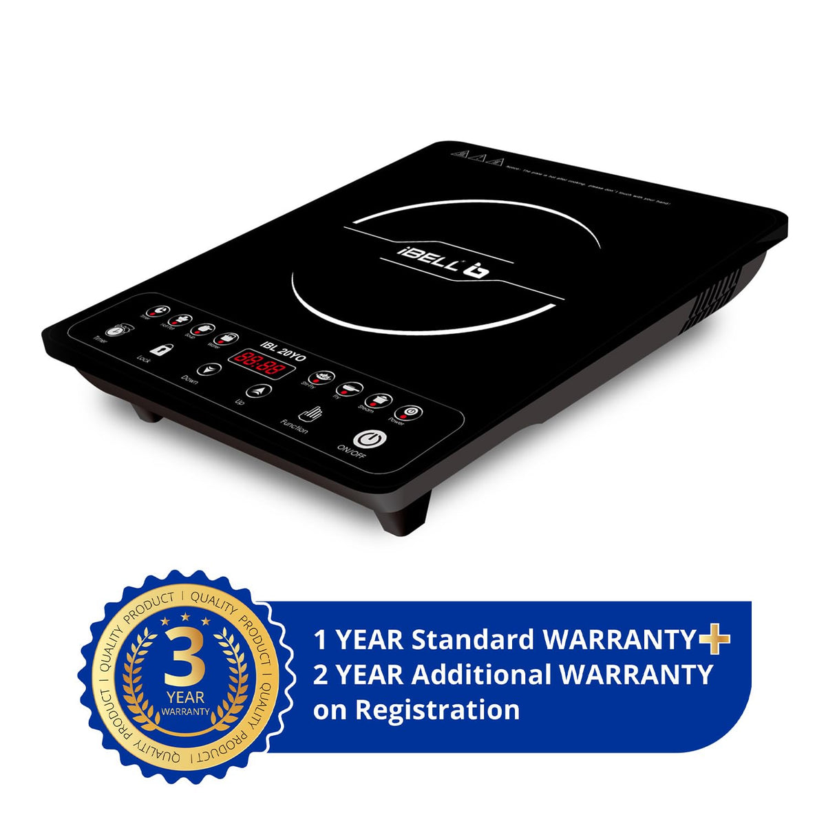 iBELL 20YO Induction Cooktop 2000W - 3 YEAR WARRANTY Full Touch Panel, Double/Single Coil Technology, Fast Heating, Auto Shut-Off, Overheat Protection, Crystal Glass Top [Black]