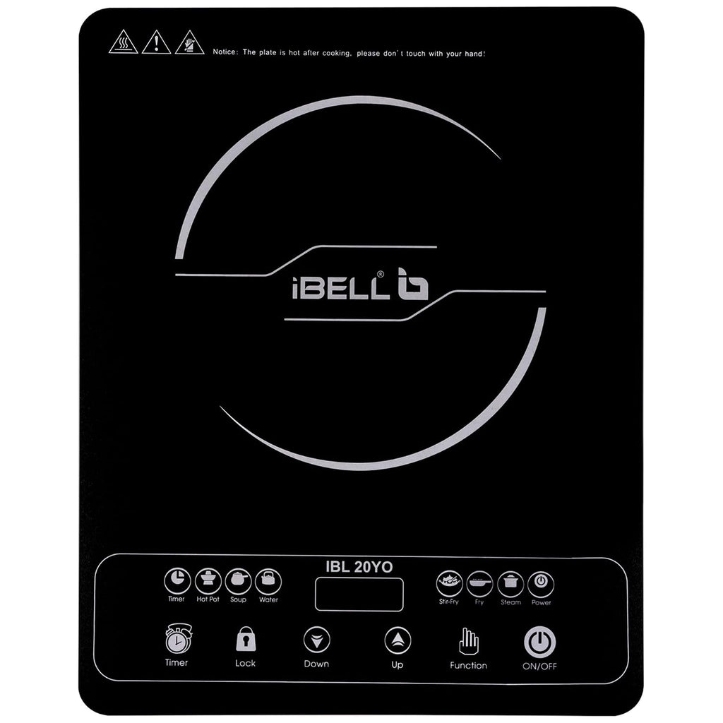 iBELL 20YO Induction Cooktop 2000W - 3 YEAR WARRANTY Full Touch Panel, Double/Single Coil Technology, Fast Heating, Auto Shut-Off, Overheat Protection, Crystal Glass Top [Black]