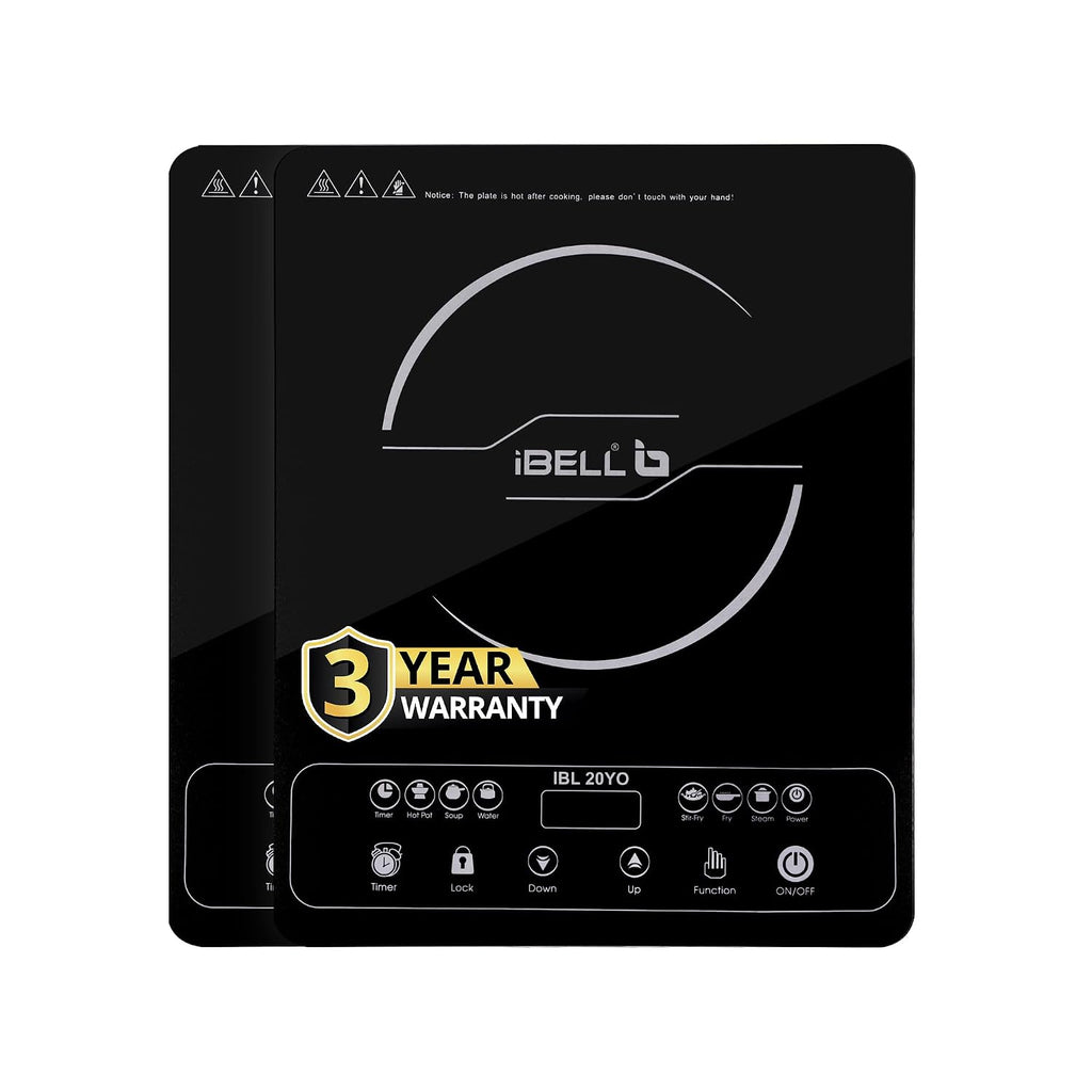 iBELL 20YO Induction Cooktop 2000W (Pack of 2) | 3-YEAR WARRANTY | Electric Double Induction Stove with Full Touch Control, Auto Shut-Off & Overheat Protection, Crystal Glass Surface.