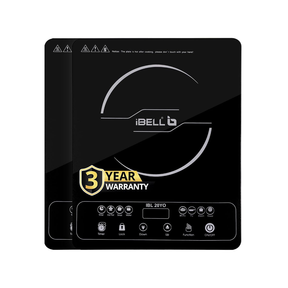 iBELL 20YO Induction Cooktop 2000W (Pack of 2) | 3-YEAR WARRANTY | Electric Double Induction Stove with Full Touch Control, Auto Shut-Off & Overheat Protection, Crystal Glass Surface.